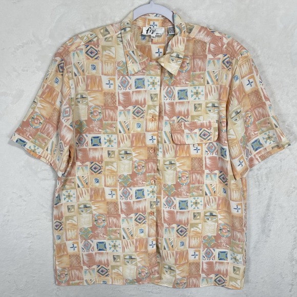 Vintage Fiji Sport Oversized Hawaiian Shirt Size Medium Pastel Boho Southwestern - Picture 1 of 12